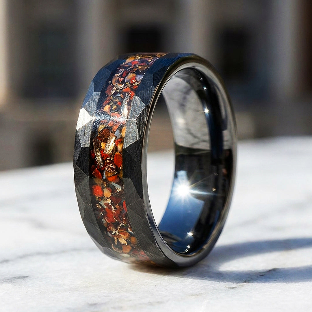 Inferra Hammered Crushed Stone Inlay Black Tungsten Carbide Ring - Ring | Singapore Jewellery, Wedding Rings & Gifts | Same Day Delivery | Tiara.com.sg