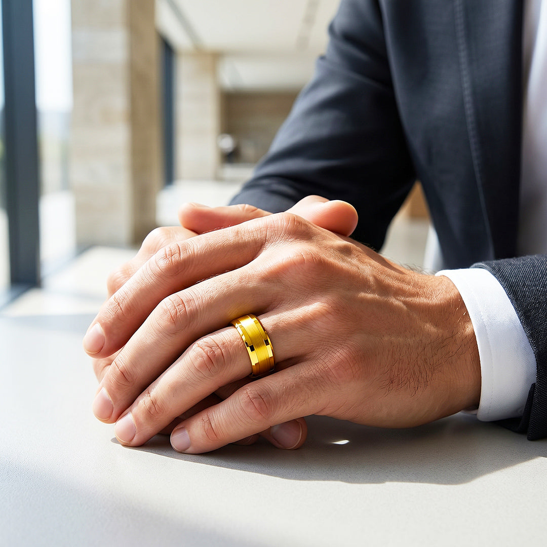 Irwin | Brushed Gold Polished Edge Tungsten Carbide Ring