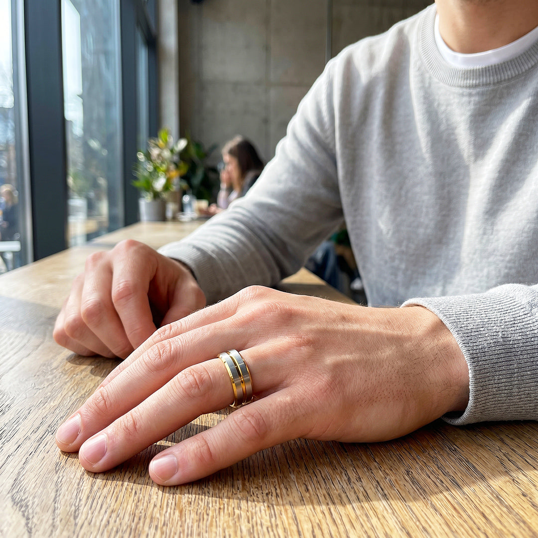 Ivor | Brushed Silver &amp; Gold Two-Tone Groove Tungsten Carbide Ring