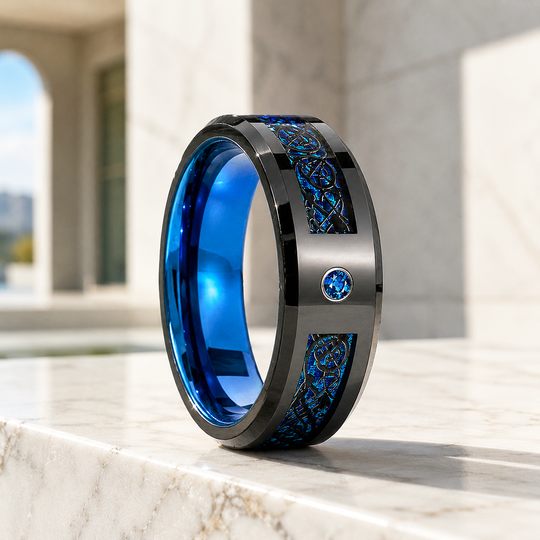 Legend | Black Dragon Pattern Blue Carbon Fibre Tungsten Carbide Men&