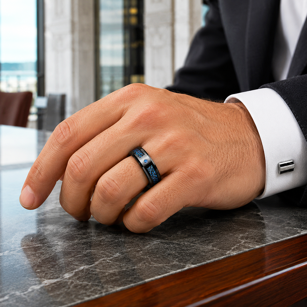 Legend | Black Dragon Pattern Blue Carbon Fibre Tungsten Carbide Men's Ring