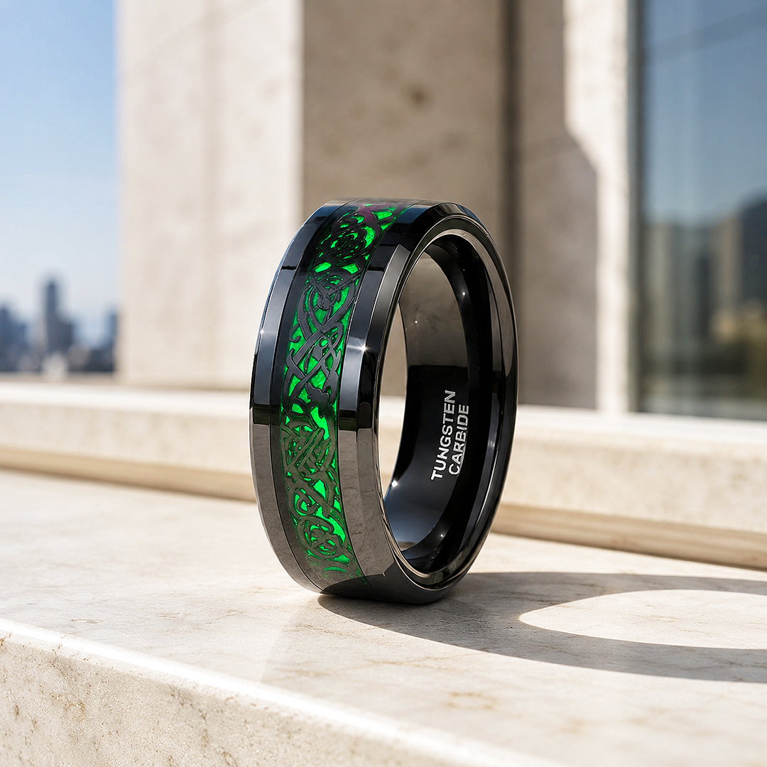 Lumineon | Black Dragon Pattern Green Glow Tungsten Carbide Men&
