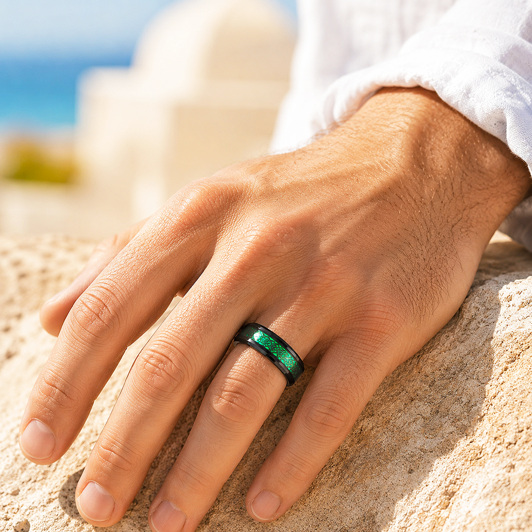 Lumineon | Black Dragon Pattern Green Glow Tungsten Carbide Men&