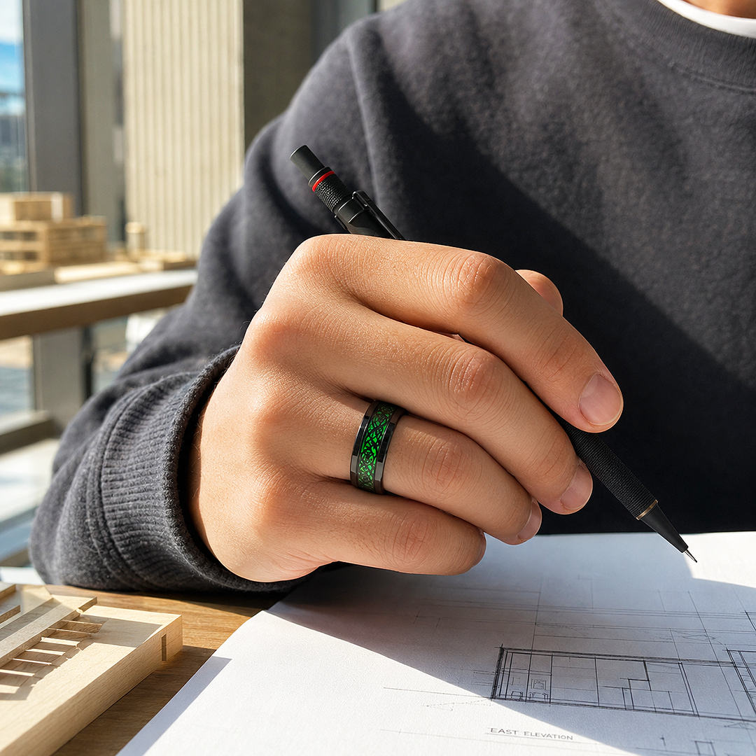Lumineon | Black Dragon Pattern Green Glow Tungsten Carbide Men&