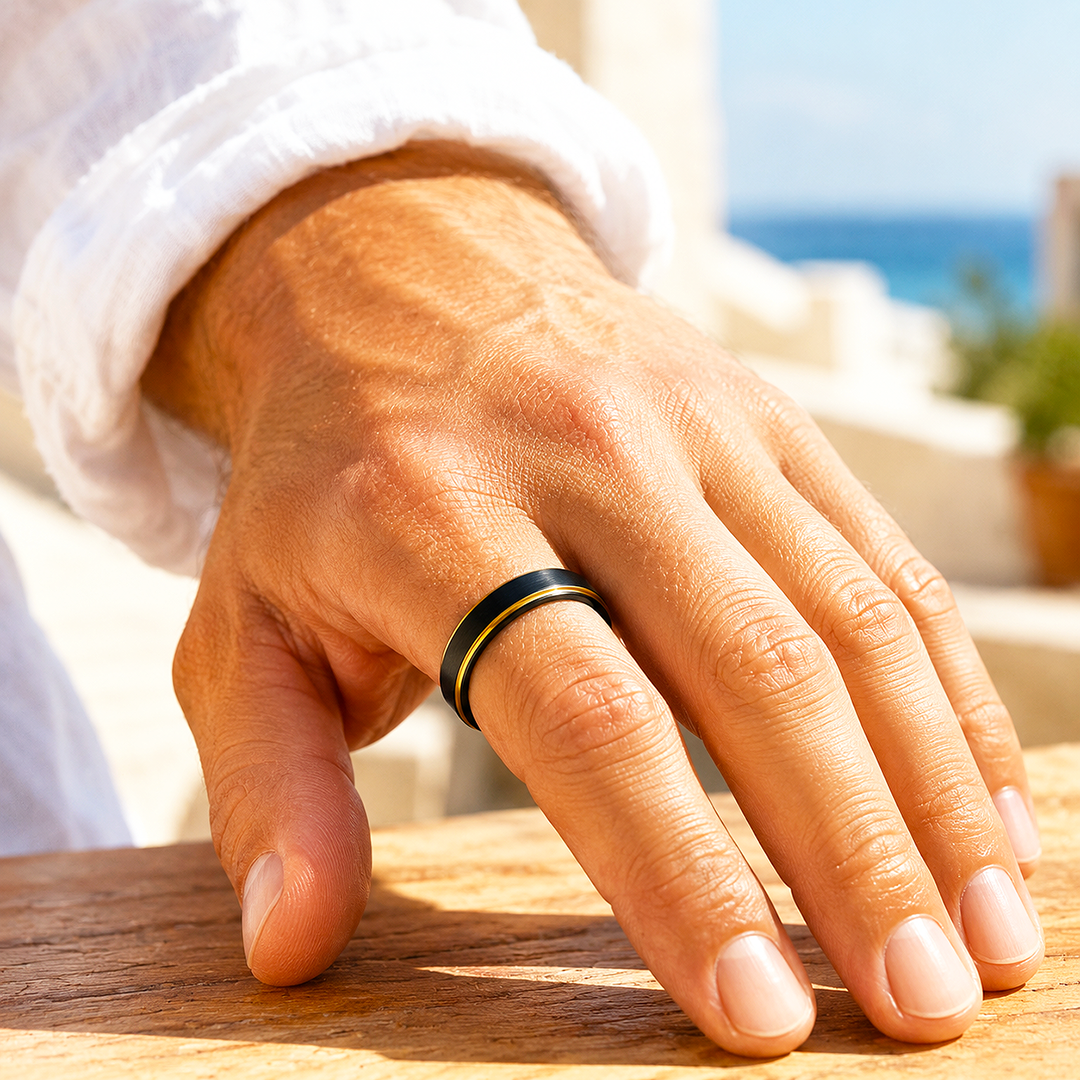 Luther | Brushed Black Gold Step Edge Tungsten Carbide Ring