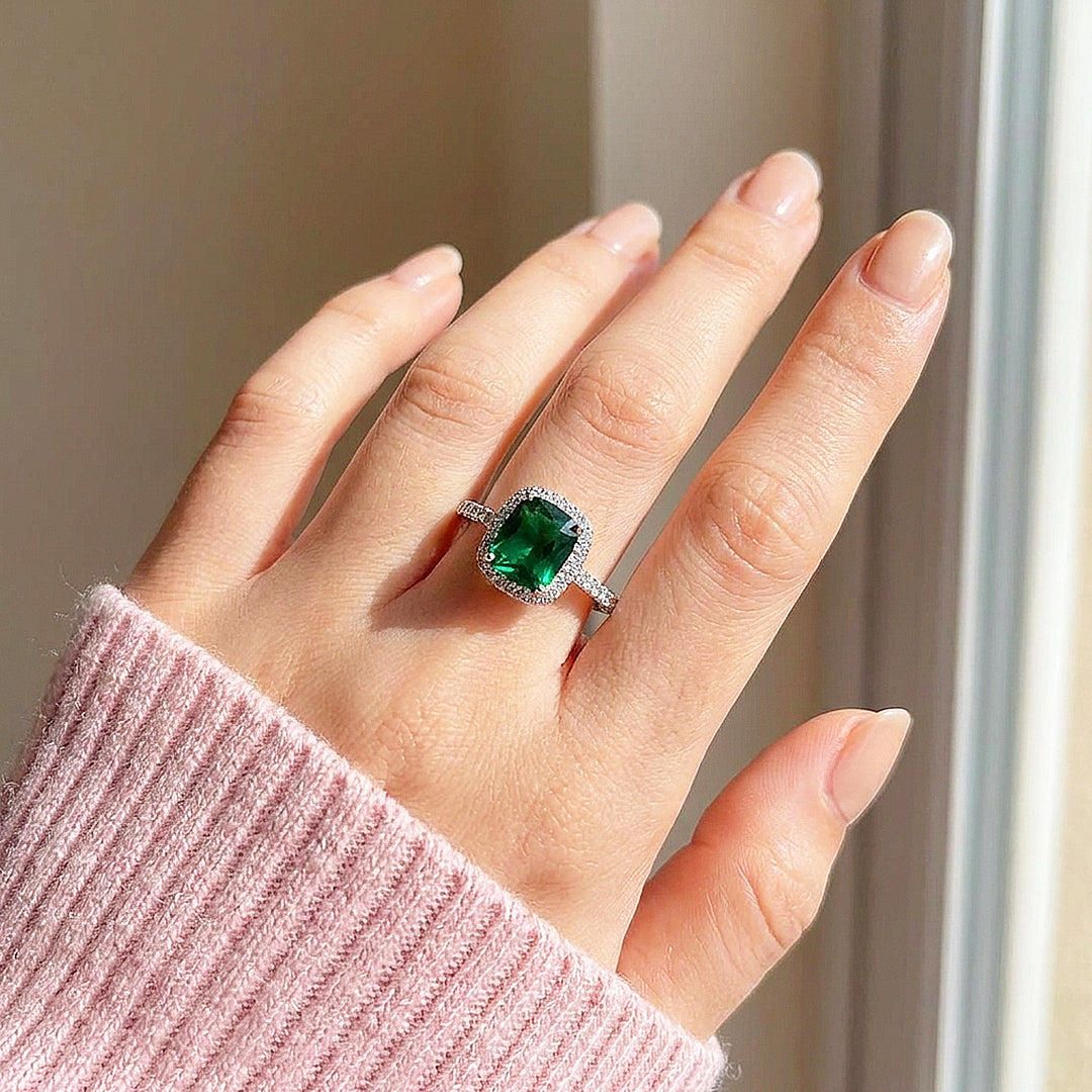 Cushion Halo Emerald Simulant Ring | Clearance | Luxe1883