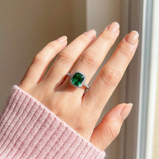 Cushion Halo Emerald Simulant Ring | Clearance | Luxe1883