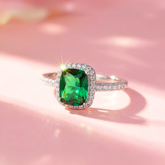 Cushion Halo Emerald Simulant Ring | Clearance | Luxe1883