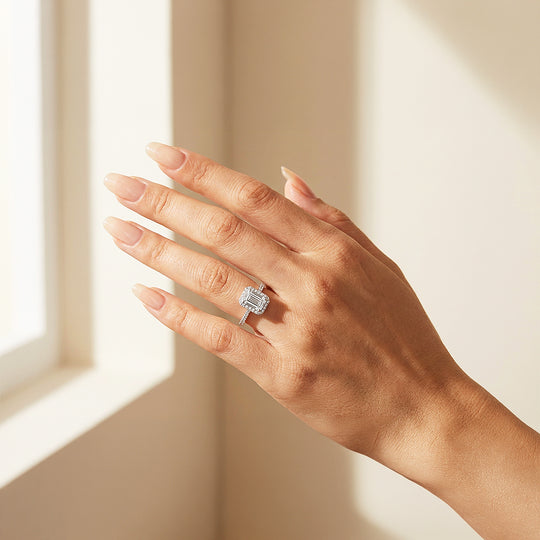 Emerald Cut Halo Engagement Ring | White Gold | Luxe1987 - new designs | Singapore Jewellery, Wedding Rings &amp; Gifts | Same Day Delivery | Tiara.com.sg