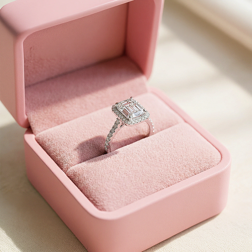 Emerald Cut Halo Engagement Ring | White Gold | Luxe1987 - new designs | Singapore Jewellery, Wedding Rings & Gifts | Same Day Delivery | Tiara.com.sg