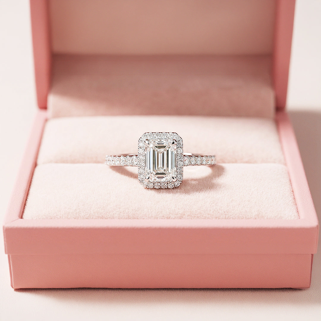 Emerald Cut Halo Engagement Ring | White Gold | Luxe1987 - new designs | Singapore Jewellery, Wedding Rings & Gifts | Same Day Delivery | Tiara.com.sg