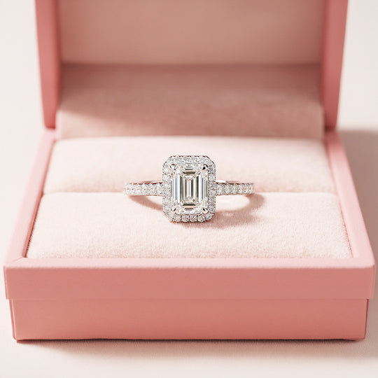 Emerald Cut Halo Engagement Ring | White Gold | Luxe1987 - new designs | Singapore Jewellery, Wedding Rings &amp; Gifts | Same Day Delivery | Tiara.com.sg
