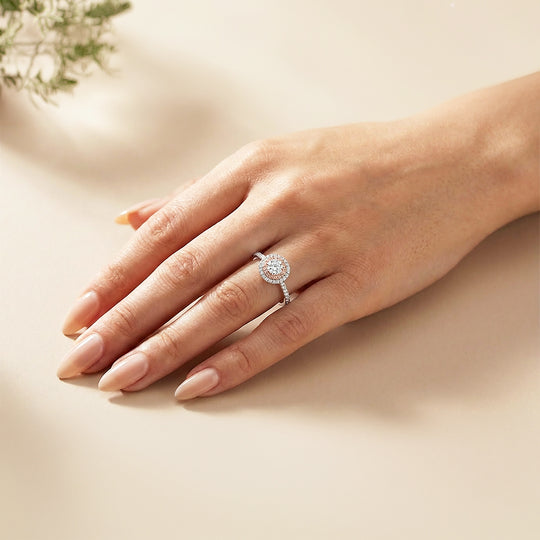 Round Double Halo Pink &amp; White Engagement Ring | Luxe1991 - new designs | Singapore Jewellery, Wedding Rings &amp; Gifts | Same Day Delivery | Tiara.com.sg