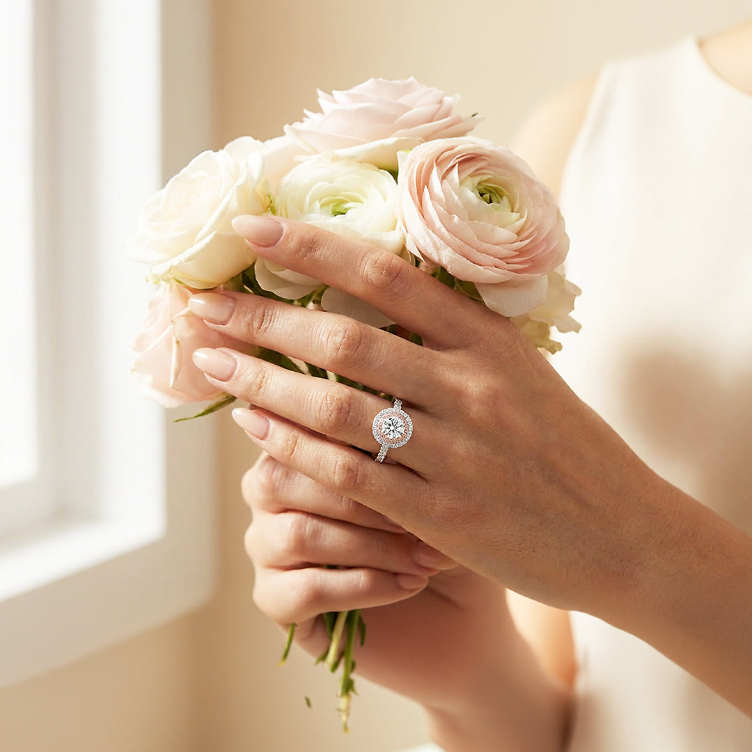 Round Double Halo Pink &amp; White Engagement Ring | Luxe1991 - new designs | Singapore Jewellery, Wedding Rings &amp; Gifts | Same Day Delivery | Tiara.com.sg