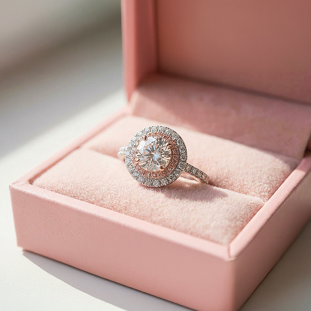 Round Double Halo Pink &amp; White Engagement Ring | Luxe1991 - new designs | Singapore Jewellery, Wedding Rings &amp; Gifts | Same Day Delivery | Tiara.com.sg