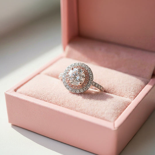Round Double Halo Pink &amp; White Engagement Ring | Luxe1991 - new designs | Singapore Jewellery, Wedding Rings &amp; Gifts | Same Day Delivery | Tiara.com.sg