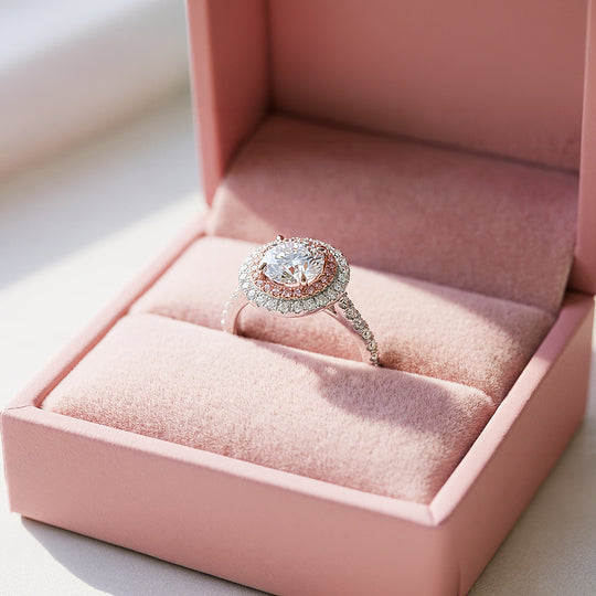 Round Double Halo Pink &amp; White Engagement Ring | Luxe1991 - new designs | Singapore Jewellery, Wedding Rings &amp; Gifts | Same Day Delivery | Tiara.com.sg