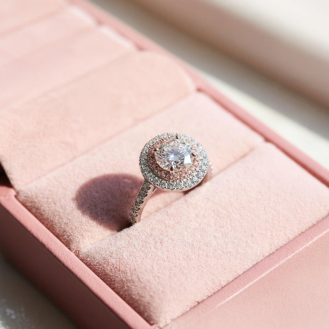 Round Double Halo Pink &amp; White Engagement Ring | Luxe1991 - new designs | Singapore Jewellery, Wedding Rings &amp; Gifts | Same Day Delivery | Tiara.com.sg