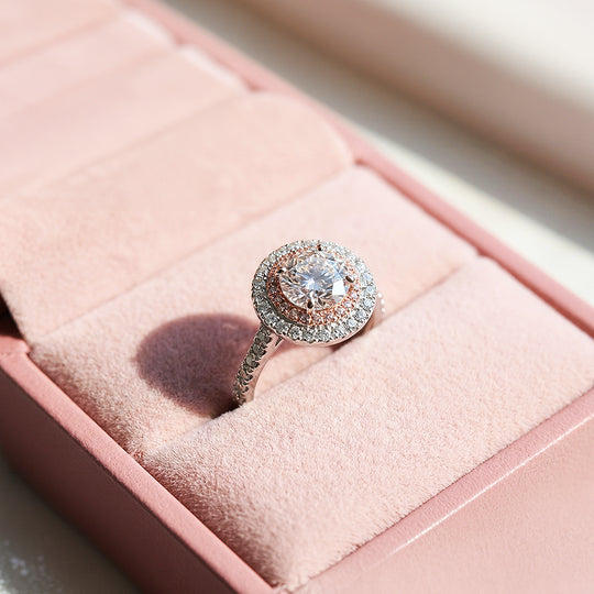 Round Double Halo Pink &amp; White Engagement Ring | Luxe1991 - new designs | Singapore Jewellery, Wedding Rings &amp; Gifts | Same Day Delivery | Tiara.com.sg