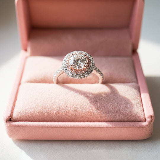 Round Double Halo Pink &amp; White Engagement Ring | Luxe1991 - new designs | Singapore Jewellery, Wedding Rings &amp; Gifts | Same Day Delivery | Tiara.com.sg