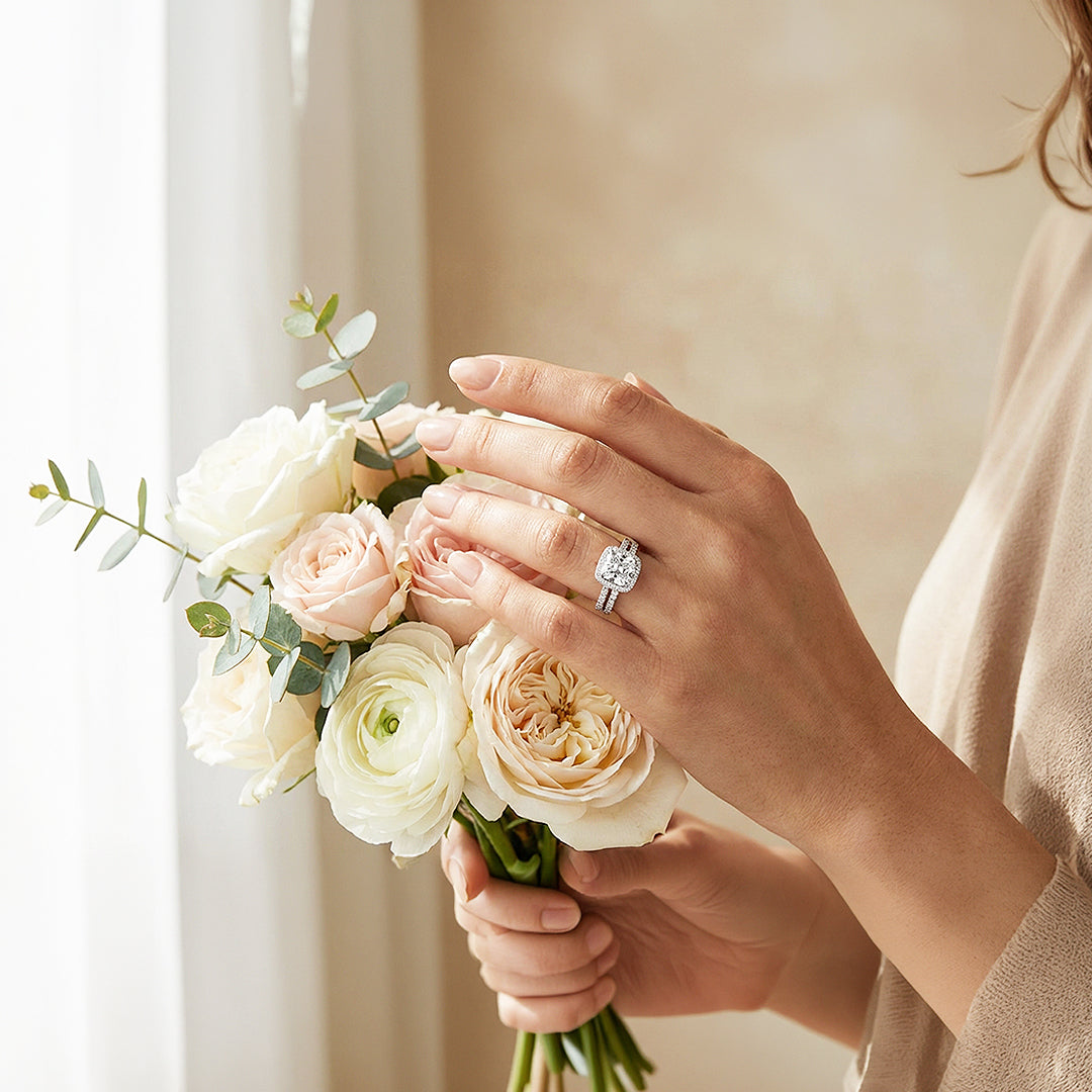 Cushion Halo Bridal Ring Set | White Gold | Luxe1998 - new designs | Singapore Jewellery, Wedding Rings &amp; Gifts | Same Day Delivery | Tiara.com.sg