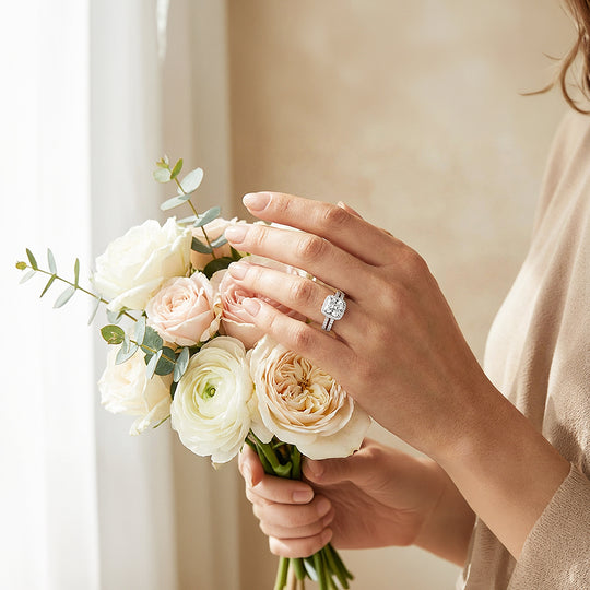Cushion Halo Bridal Ring Set | White Gold | Luxe1998 - new designs | Singapore Jewellery, Wedding Rings &amp; Gifts | Same Day Delivery | Tiara.com.sg