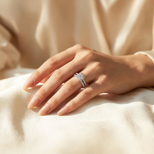 Cushion Halo Bridal Ring Set | White Gold | Luxe1998 - new designs | Singapore Jewellery, Wedding Rings &amp; Gifts | Same Day Delivery | Tiara.com.sg