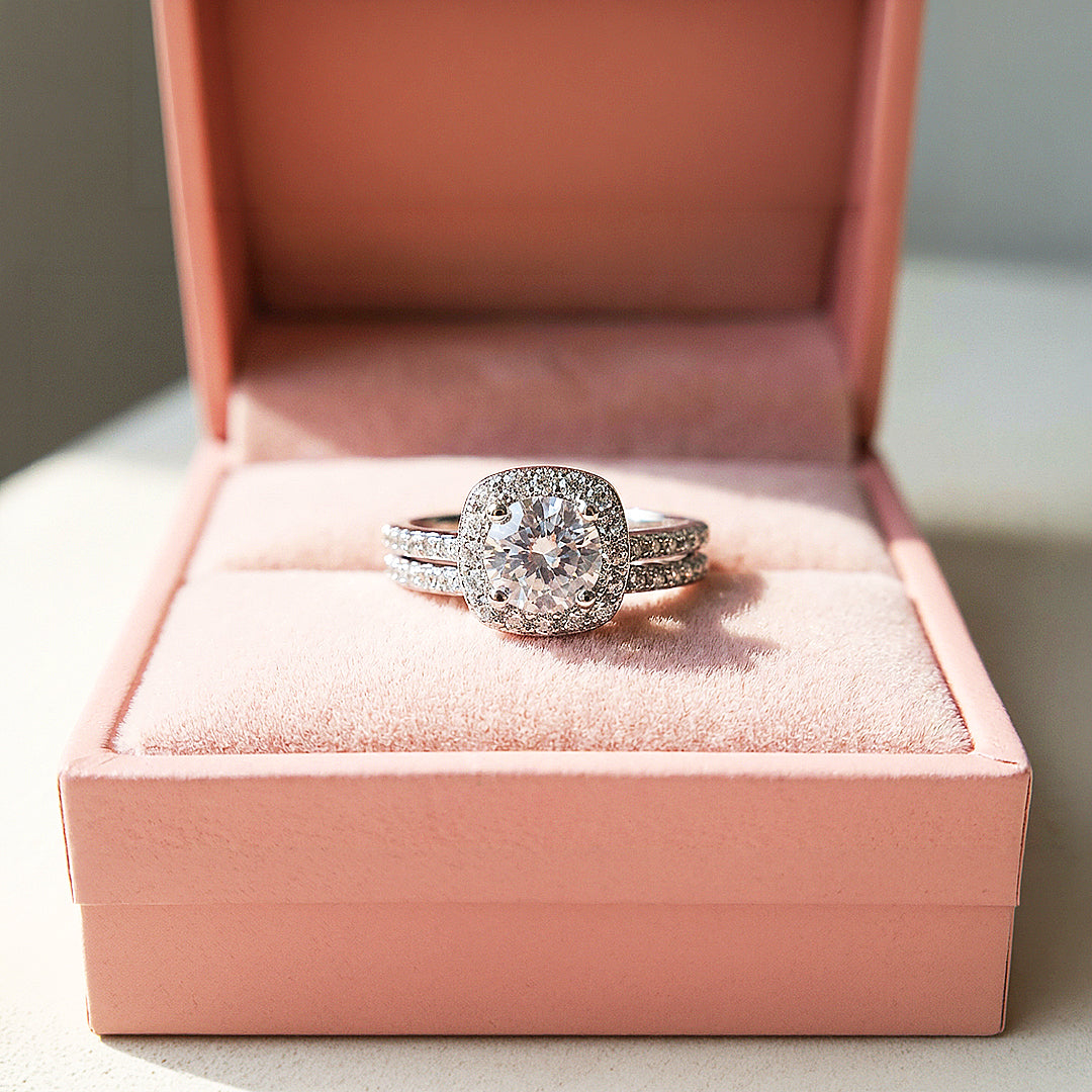 Cushion Halo Bridal Ring Set | White Gold | Luxe1998 - new designs | Singapore Jewellery, Wedding Rings &amp; Gifts | Same Day Delivery | Tiara.com.sg
