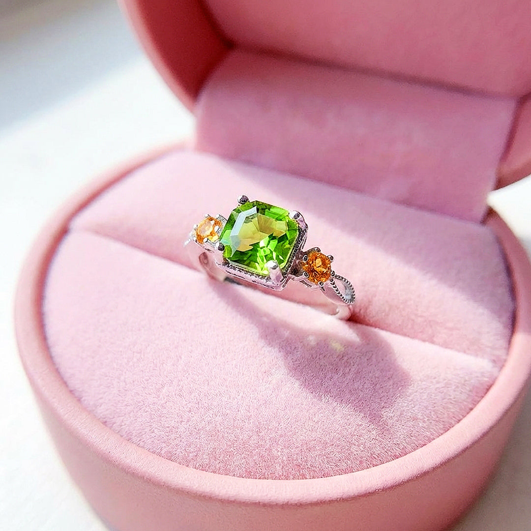 Square Cut Peridot Green Engagement Ring in White Gold | Luxe2043