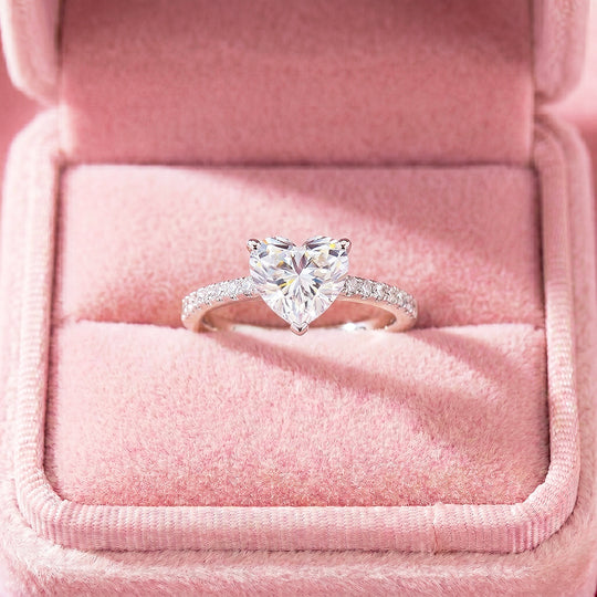 Heart-Cut Solitaire Diamond Simulant Ring with Pavé Band | Luxe2085