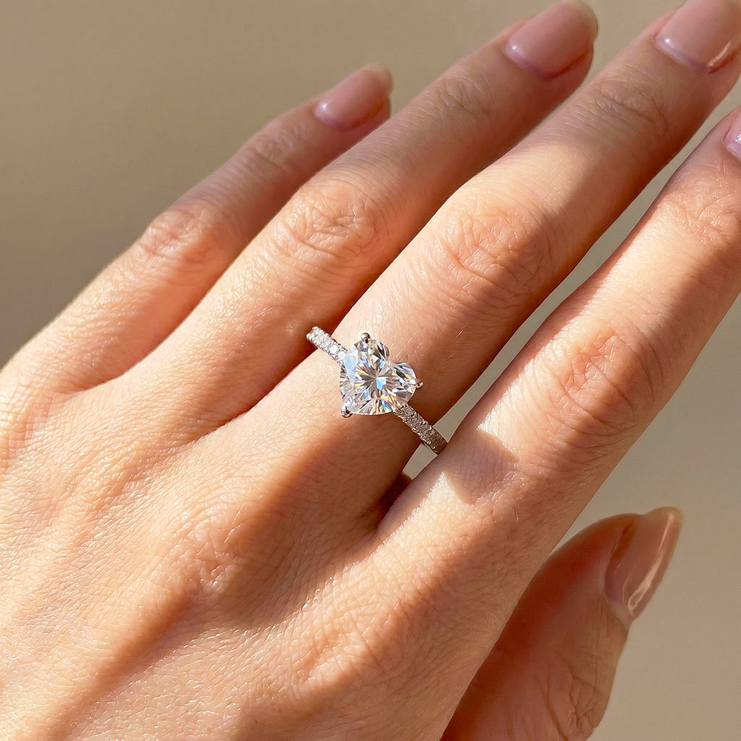 Heart-Cut Solitaire Diamond Simulant Ring with Pavé Band | Luxe2085