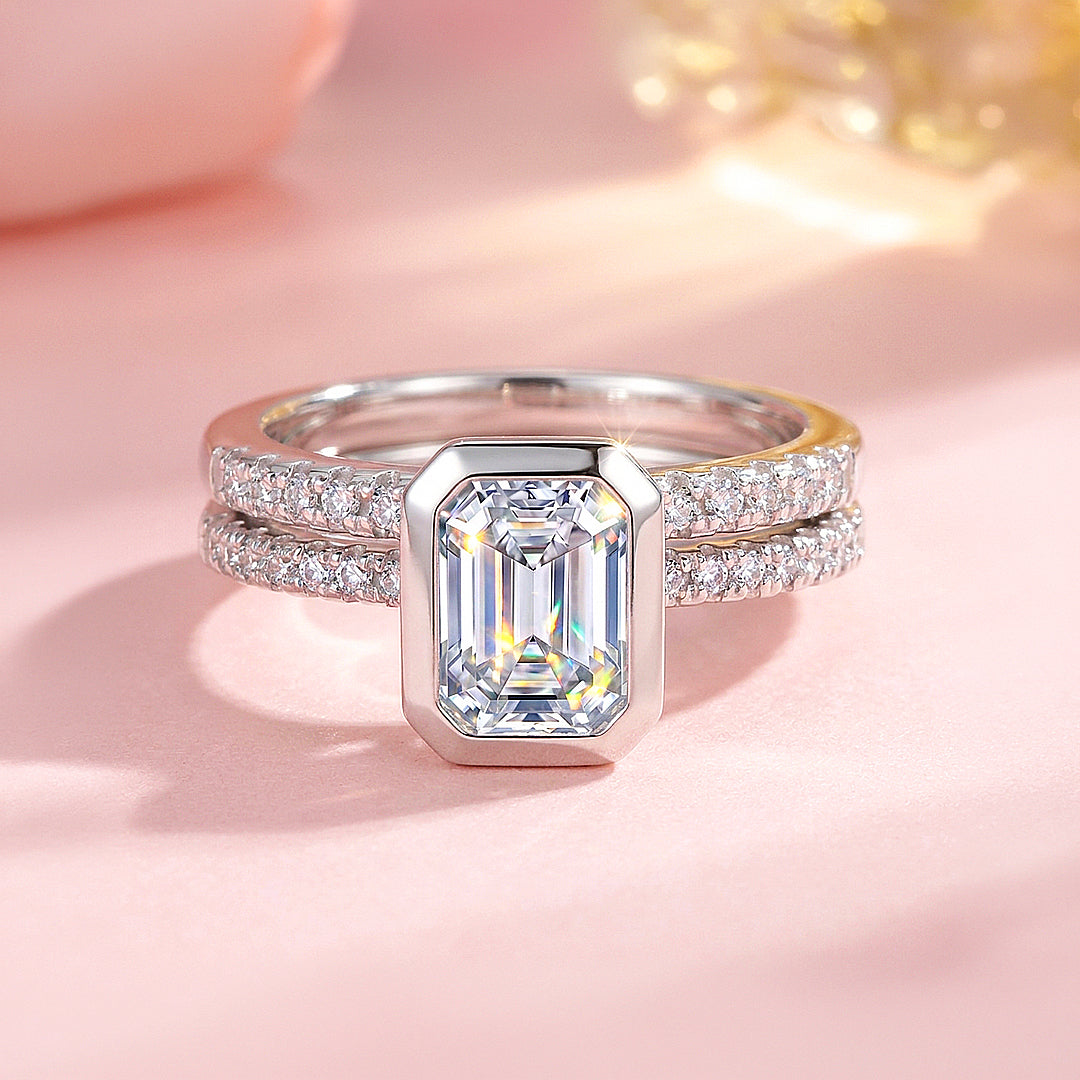 Emerald-Cut Bezel Double Pavé Band | Women&