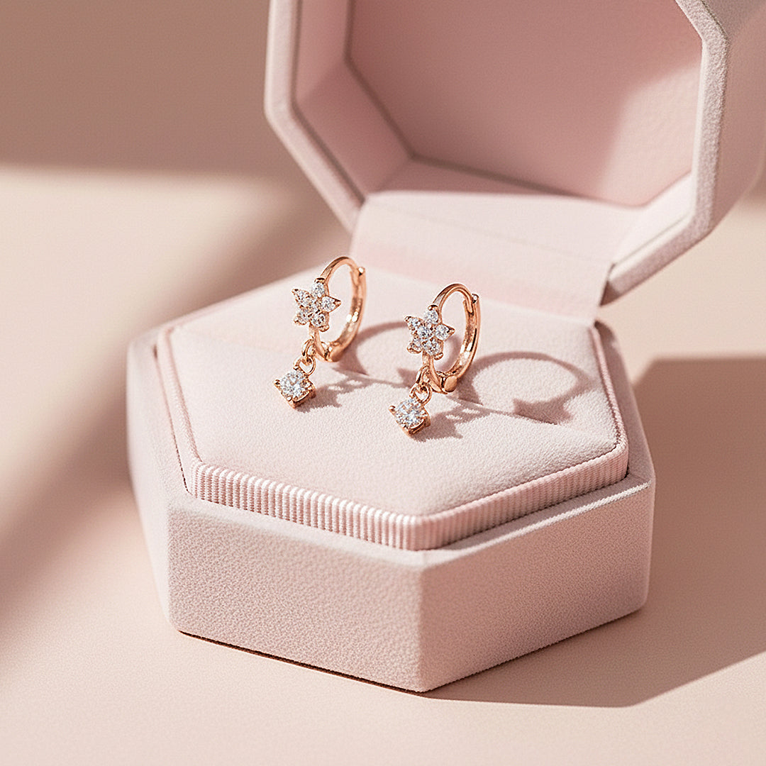 Starlit Drop Celestial Hoop Earrings | White &amp; Rose Gold | Luxe2906 - Luxe Earrings | Singapore Jewellery, Wedding Rings &amp; Gifts | Same Day Delivery | Tiara.com.sg