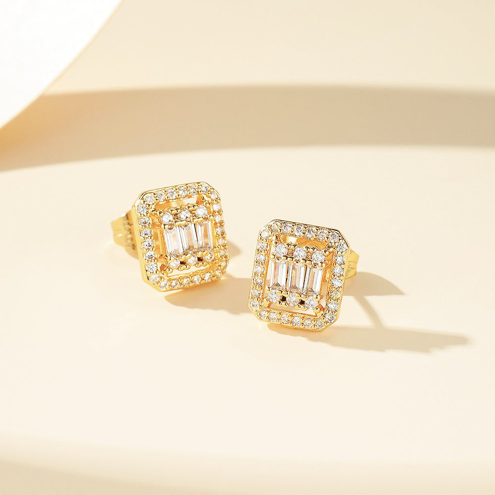 Baguette & Double Halo Stud Earrings | Gold & White Gold | Luxe3632 - Luxe Earrings | Singapore Jewellery, Wedding Rings & Gifts | Same Day Delivery | Tiara.com.sg