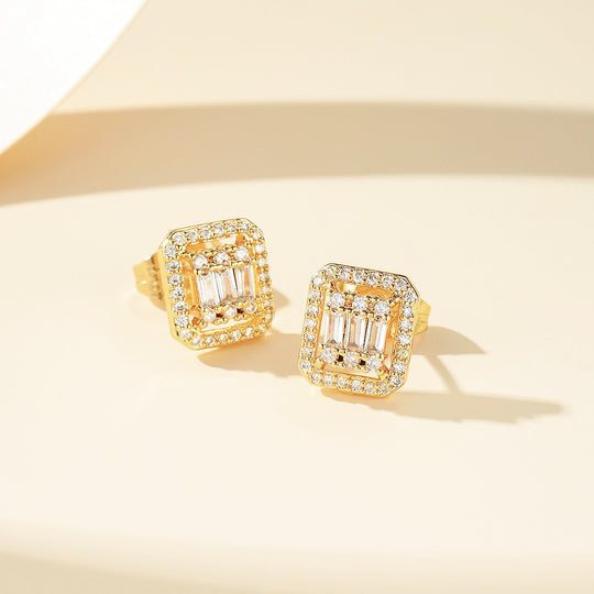 Baguette &amp; Double Halo Stud Earrings | Gold &amp; White Gold | Luxe3632 - Luxe Earrings | Singapore Jewellery, Wedding Rings &amp; Gifts | Same Day Delivery | Tiara.com.sg