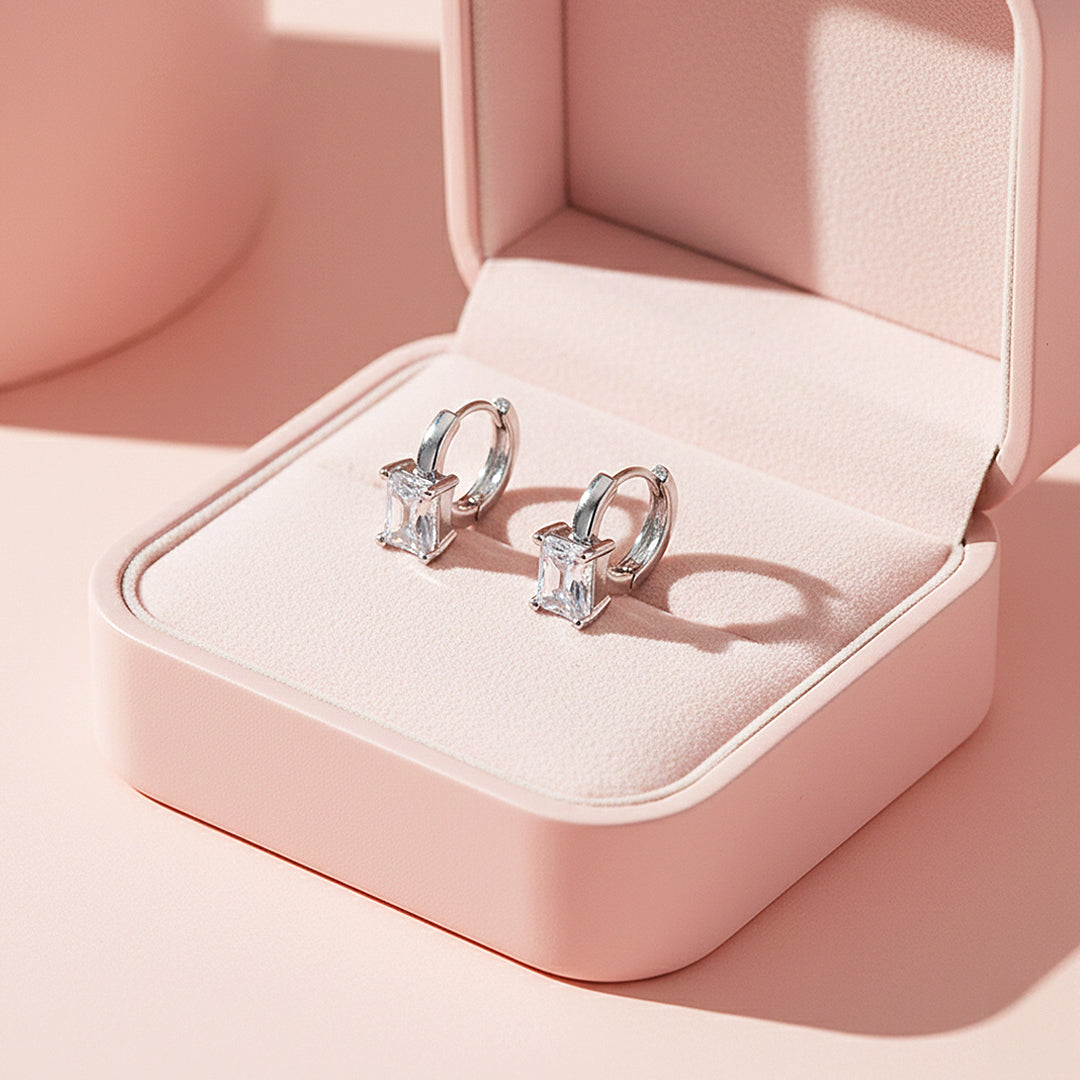 Rectangle Cut Huggie Earrings | White Gold | Luxe3642 - Luxe Earrings | Singapore Jewellery, Wedding Rings &amp; Gifts | Same Day Delivery | Tiara.com.sg