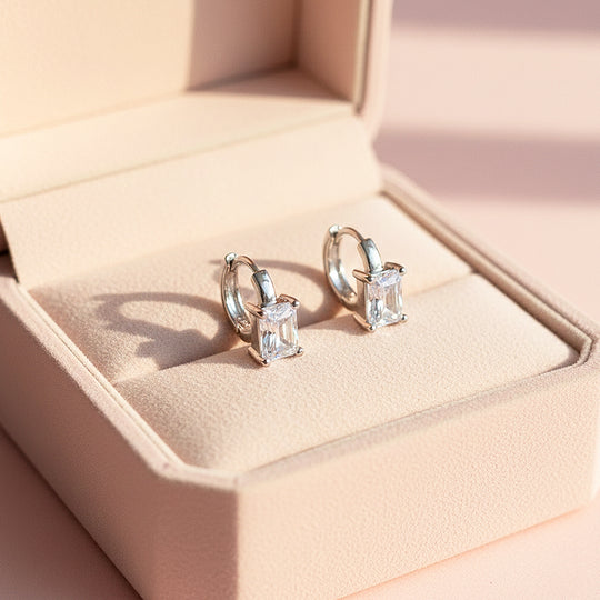 Rectangle Cut Huggie Earrings | White Gold | Luxe3642 - Luxe Earrings | Singapore Jewellery, Wedding Rings &amp; Gifts | Same Day Delivery | Tiara.com.sg