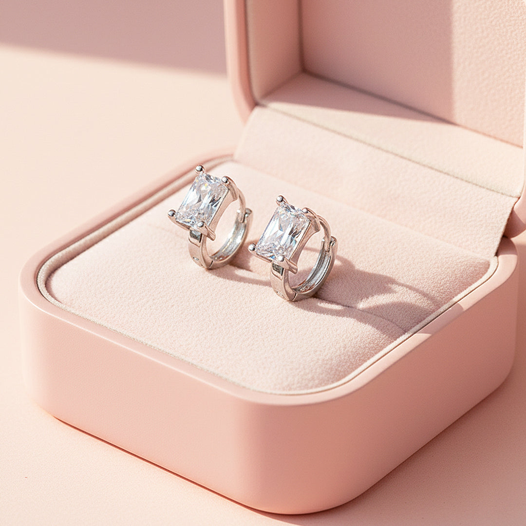 Rectangle Cut Huggie Earrings | White Gold | Luxe3642 - Luxe Earrings | Singapore Jewellery, Wedding Rings &amp; Gifts | Same Day Delivery | Tiara.com.sg