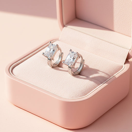 Rectangle Cut Huggie Earrings | White Gold | Luxe3642 - Luxe Earrings | Singapore Jewellery, Wedding Rings &amp; Gifts | Same Day Delivery | Tiara.com.sg