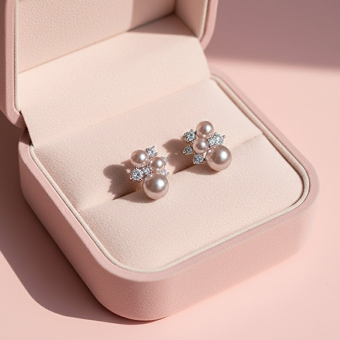 Lilac Pearl &amp; Cluster Stud Earrings | White Gold | Luxe3658 - Luxe Earrings | Singapore Jewellery, Wedding Rings &amp; Gifts | Same Day Delivery | Tiara.com.sg