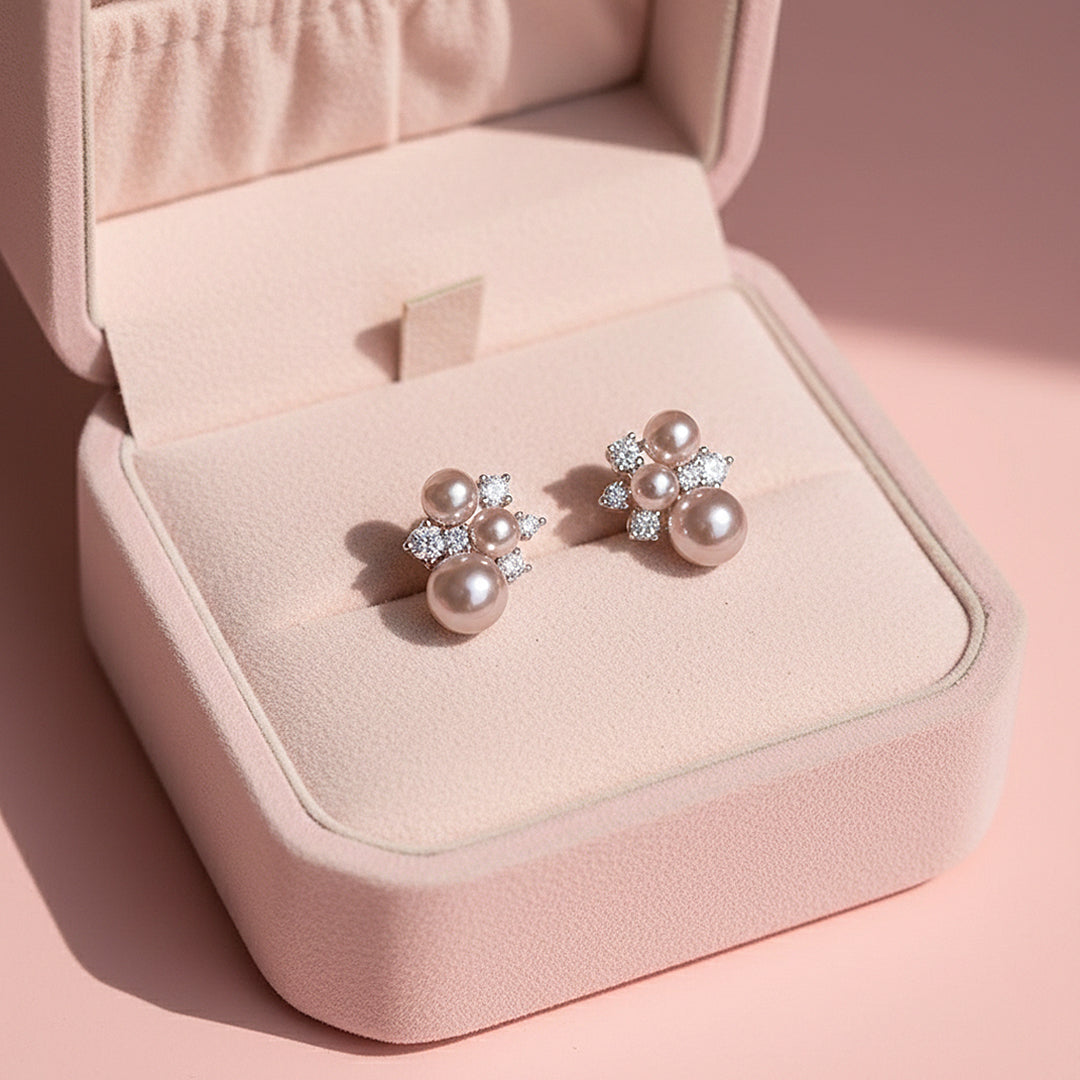 Lilac Pearl &amp; Cluster Stud Earrings | White Gold | Luxe3658 - Luxe Earrings | Singapore Jewellery, Wedding Rings &amp; Gifts | Same Day Delivery | Tiara.com.sg