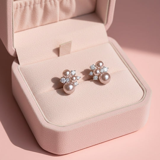 Lilac Pearl &amp; Cluster Stud Earrings | White Gold | Luxe3658 - Luxe Earrings | Singapore Jewellery, Wedding Rings &amp; Gifts | Same Day Delivery | Tiara.com.sg