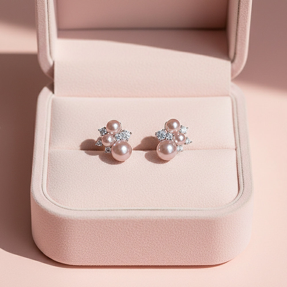 Lilac Pearl & Cluster Stud Earrings | White Gold | Luxe3658 - Luxe Earrings | Singapore Jewellery, Wedding Rings & Gifts | Same Day Delivery | Tiara.com.sg