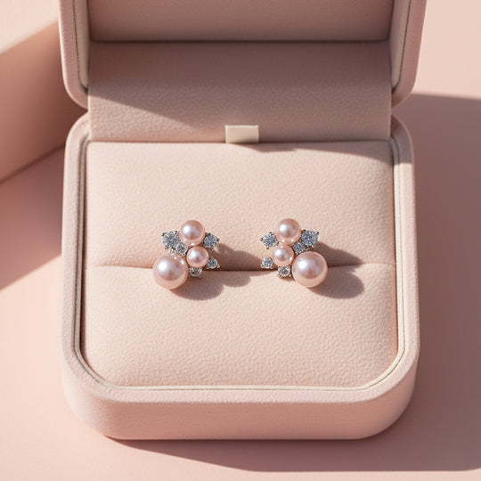 Lilac Pearl &amp; Cluster Stud Earrings | White Gold | Luxe3658 - Luxe Earrings | Singapore Jewellery, Wedding Rings &amp; Gifts | Same Day Delivery | Tiara.com.sg