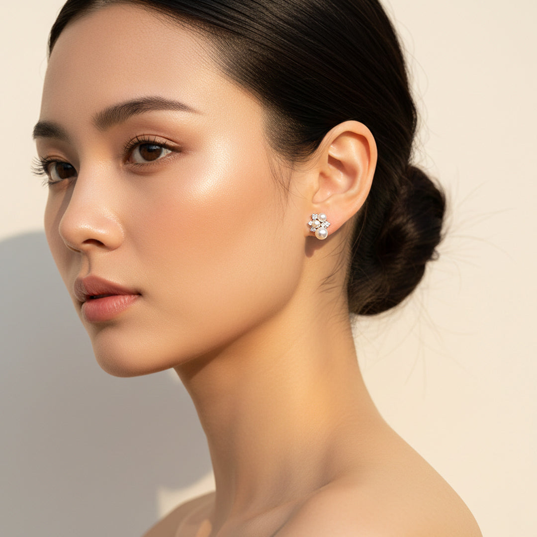 Lilac Pearl &amp; Cluster Stud Earrings | White Gold | Luxe3658 - Luxe Earrings | Singapore Jewellery, Wedding Rings &amp; Gifts | Same Day Delivery | Tiara.com.sg