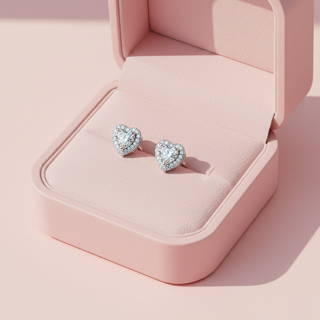 Heart Halo Stud Earrings | White Gold | Luxe3666 - Luxe Earrings | Singapore Jewellery, Wedding Rings &amp; Gifts | Same Day Delivery | Tiara.com.sg