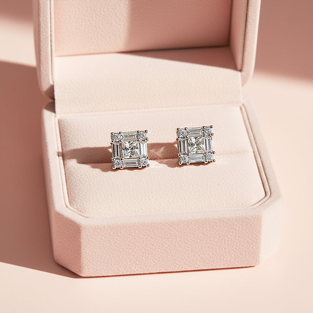 Princess Cut Halo Stud Earrings | White Gold | Luxe3668 - Luxe Earrings | Singapore Jewellery, Wedding Rings & Gifts | Same Day Delivery | Tiara.com.sg