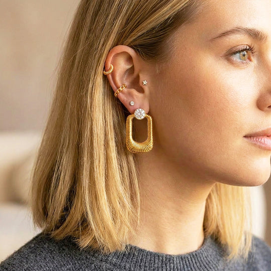 Ribbed Oval Drop &amp; Solitaire Stud Earrings | Luxe3716