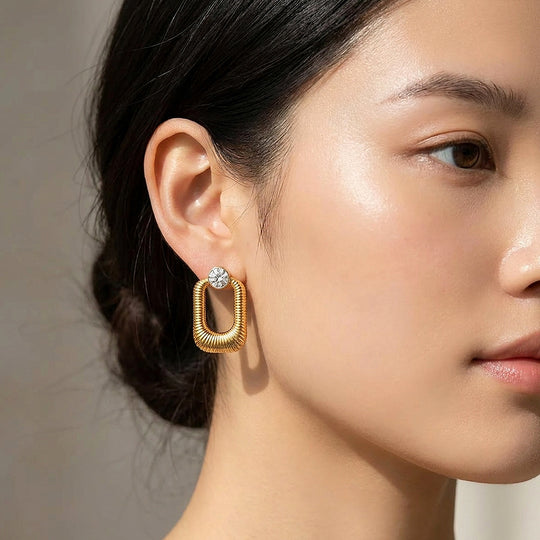 Ribbed Oval Drop &amp; Solitaire Stud Earrings | Luxe3716