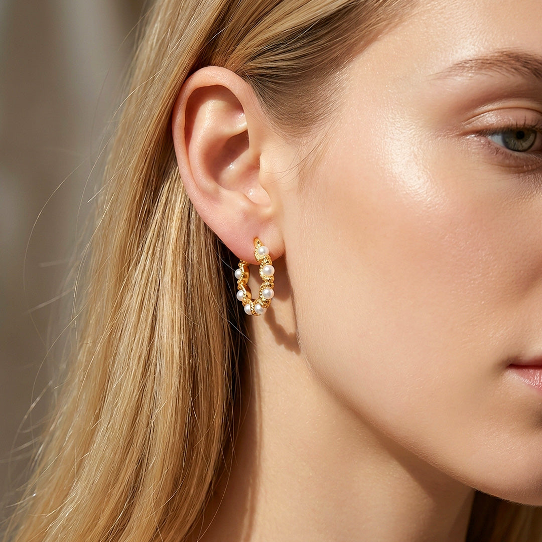 Textured Wave &amp; Pearl-Style Hoop Earrings | Luxe3745
